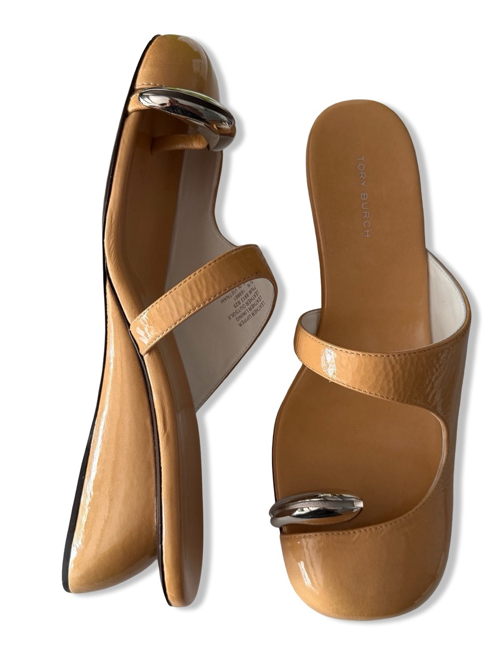 Tory Burch Pierced Wedges Cantucci & Silver Leather Tan Slip-Ons mules shoes 7.5 - Picture 5 of 11